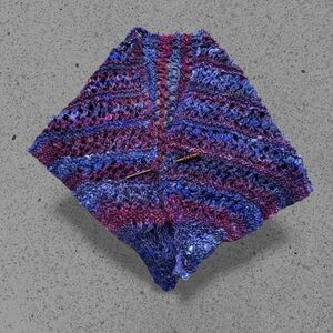 Hand knit modern shawl neck warmer deep blues, and purples crafted wood pick